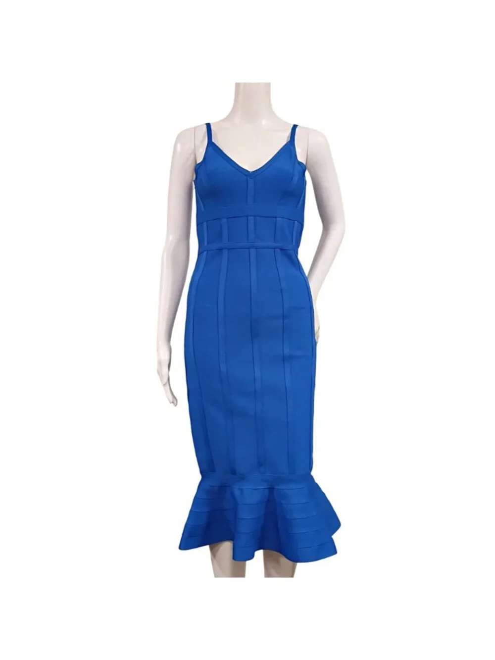 Maketina Mermaid Dress Women's M Blue Spaghetti Strap V-Neck Midi Cocktail Banda - Picture 2 of 9
